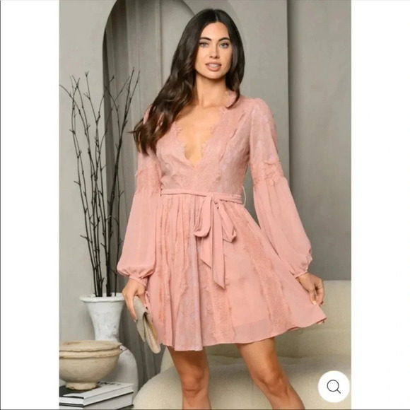 Blush Pink Lace Mini Dress | Long Sleeve Romantic Party & Wedding Guest - Picture 5 of 6